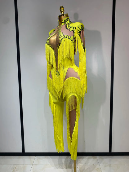 Yellow Polyester Bodycon Jumpsuit with Tassels