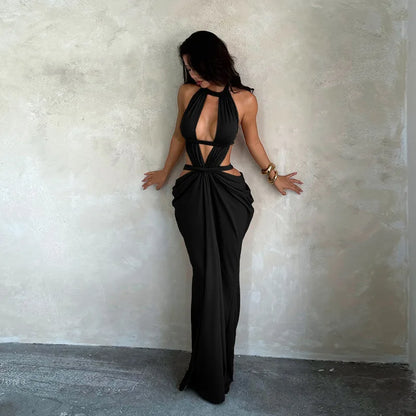 Khaki Halter Cut-Out Maxi Dress for Elegant Parties