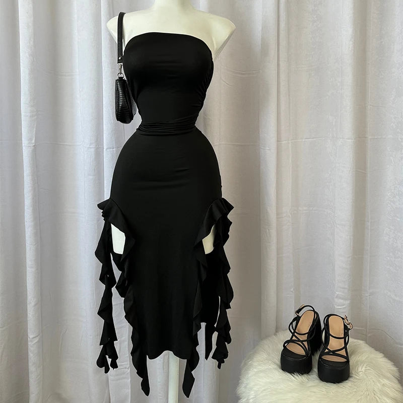 Women Strapless Floral High Slit Mini Dress Black Pink