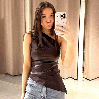 Slim Sleeveless One-Shoulder Zipper Jacket