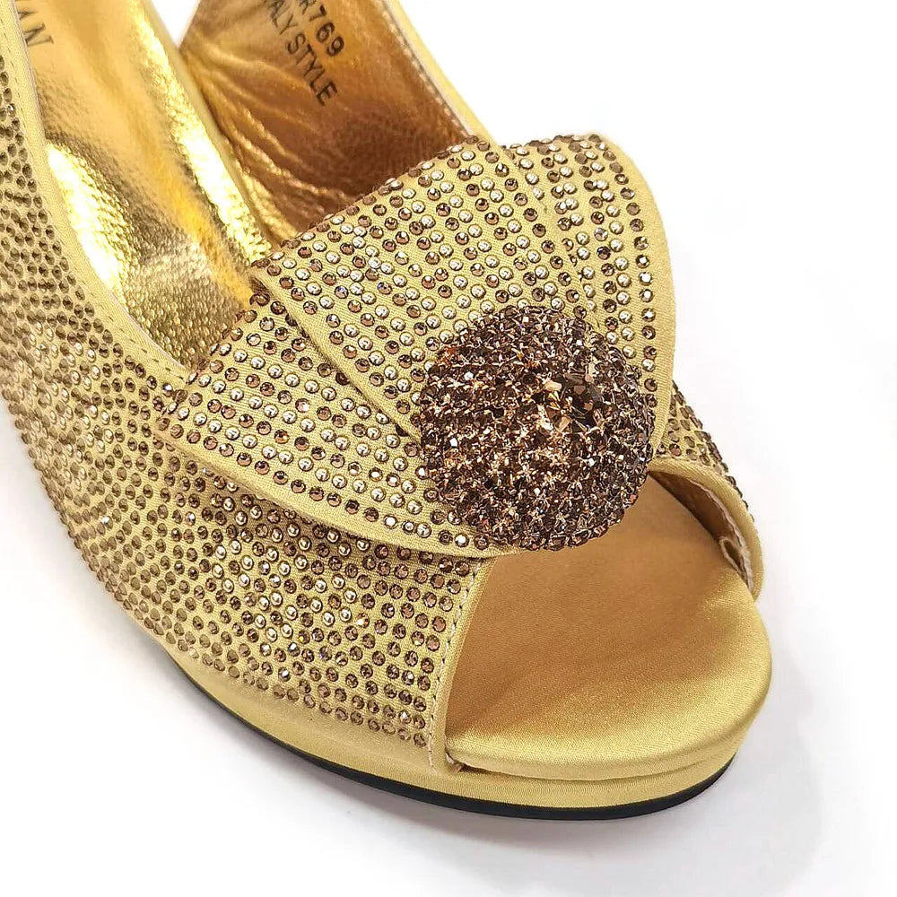 Golden Wedding Shoes And Bag Set With Diamond Decoration