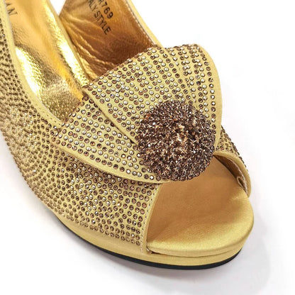 Golden Wedding Shoes And Bag Set With Diamond Decoration