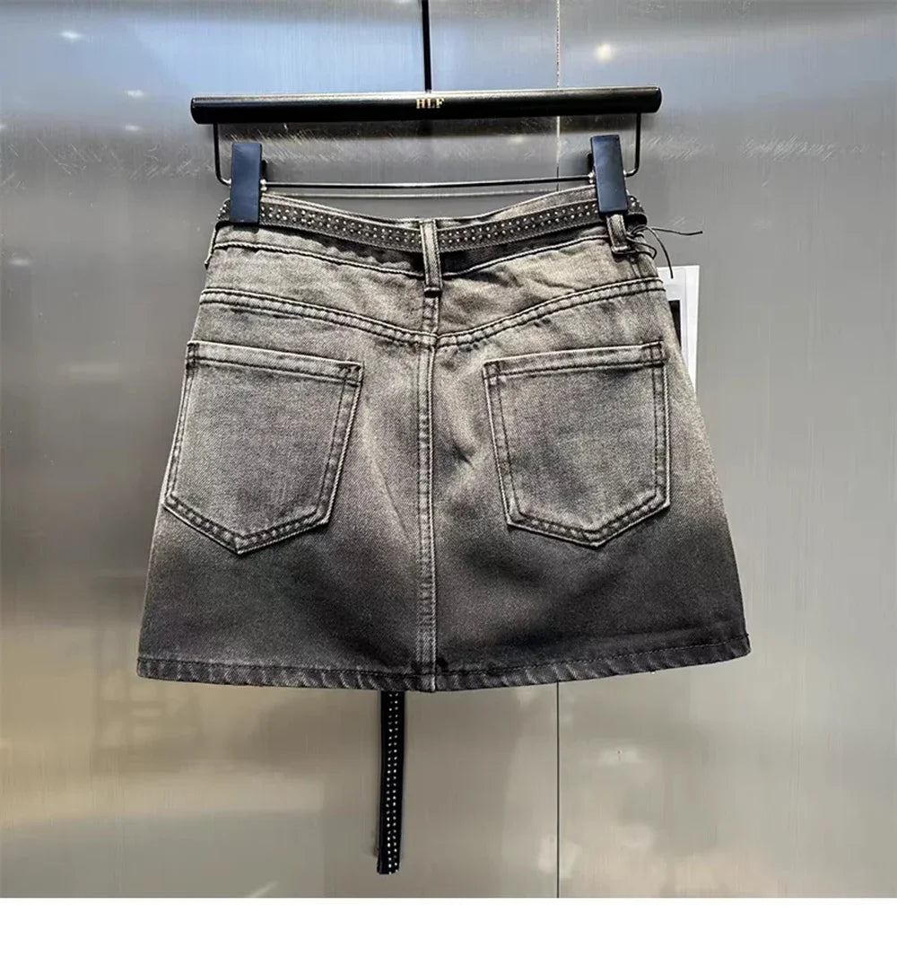 Oversize Diamond Denim Mini Skirt Women Gradient Black Grey