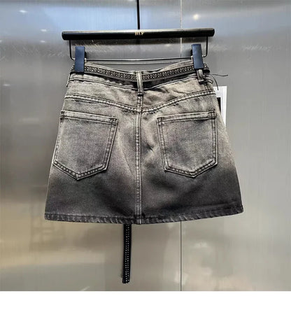 Oversize Diamond Denim Mini Skirt Women Gradient Black Grey