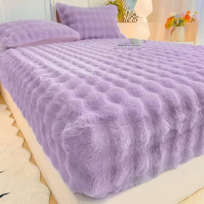 Fluffy Plush Fitted Bed Sheet Rabbit Fleece Solid Color
