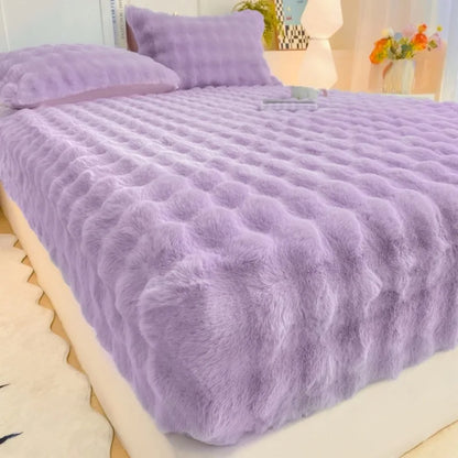Fluffy Plush Fitted Bed Sheet Rabbit Fleece Solid Color