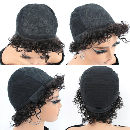 Pixie Cut Afro Curly Human Hair Wig with Bangs