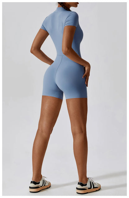 Summer Zipper Short Sleeve Yoga Bodysuit for Women