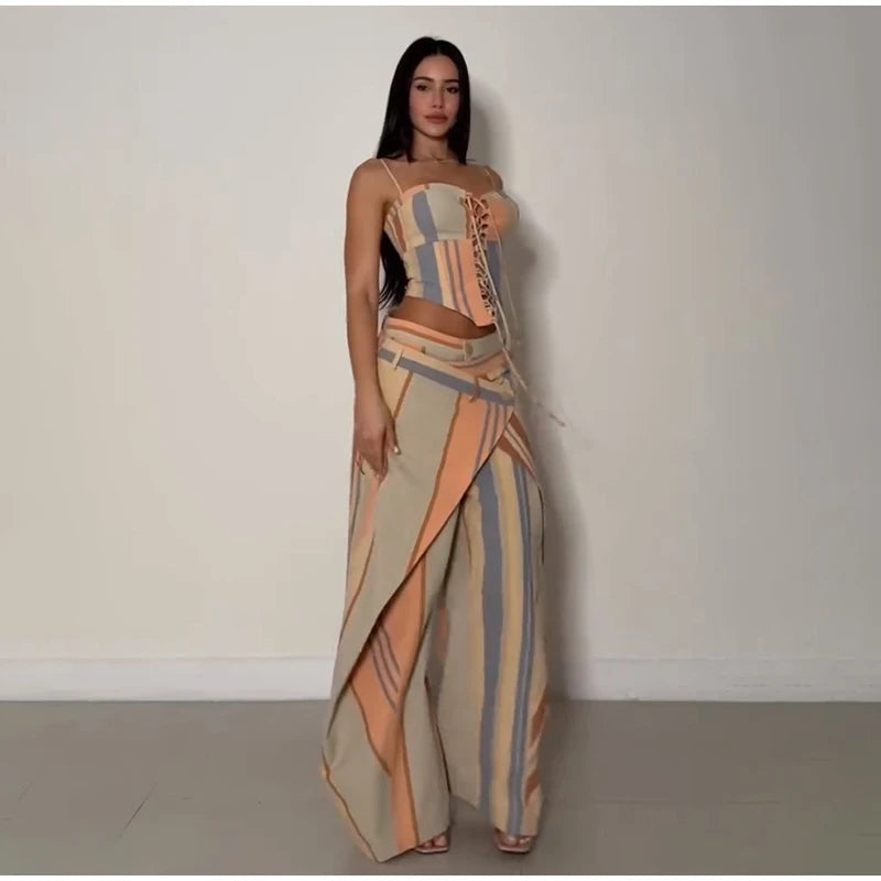 Corset Cami Two Piece Set with Pleated Wide Leg Pants