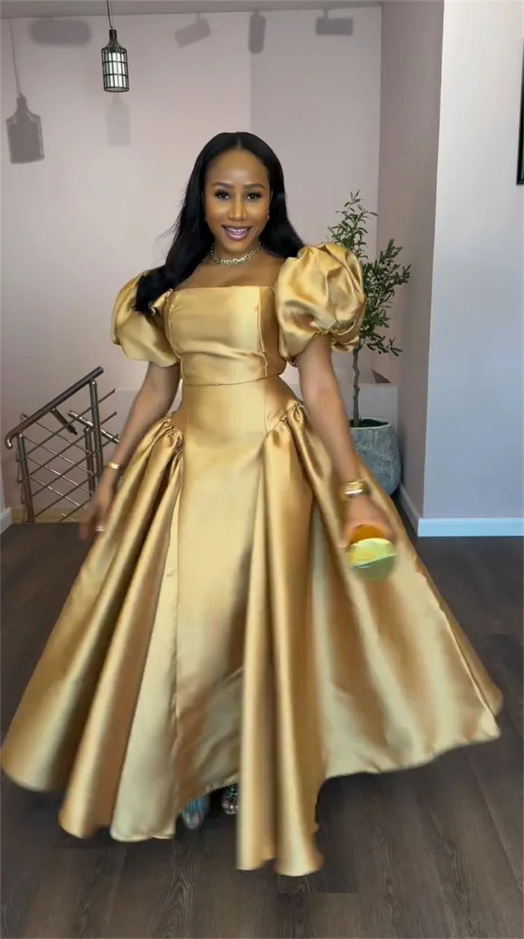 Gold Solid A-line Maxi Dress with Puff Sleeves