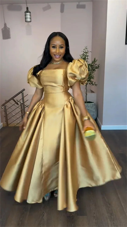 Gold Solid A-line Maxi Dress with Puff Sleeves