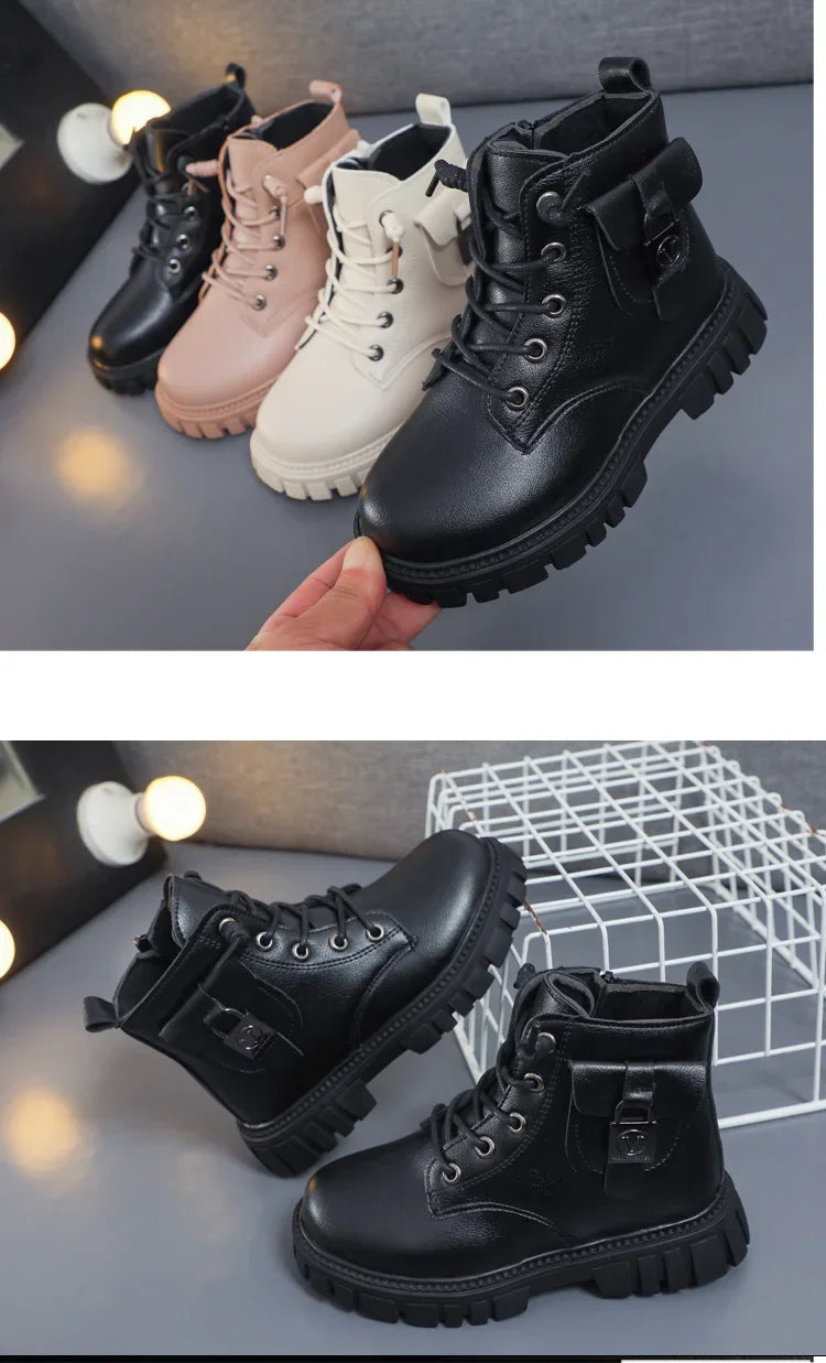 Girls PU Leather Ankle Boots with Anti-slip Sole