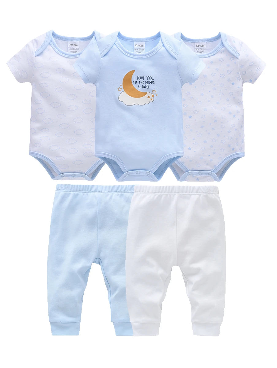 Baby Boy Summer Cotton Bodysuit Set Blue Grey Tie Print