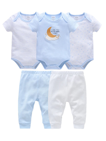 Baby Boy Summer Cotton Bodysuit Set Blue Grey Tie Print