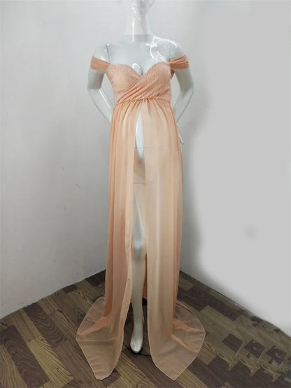 Maternity Lace Chiffon Front Split Dress in Coral Color