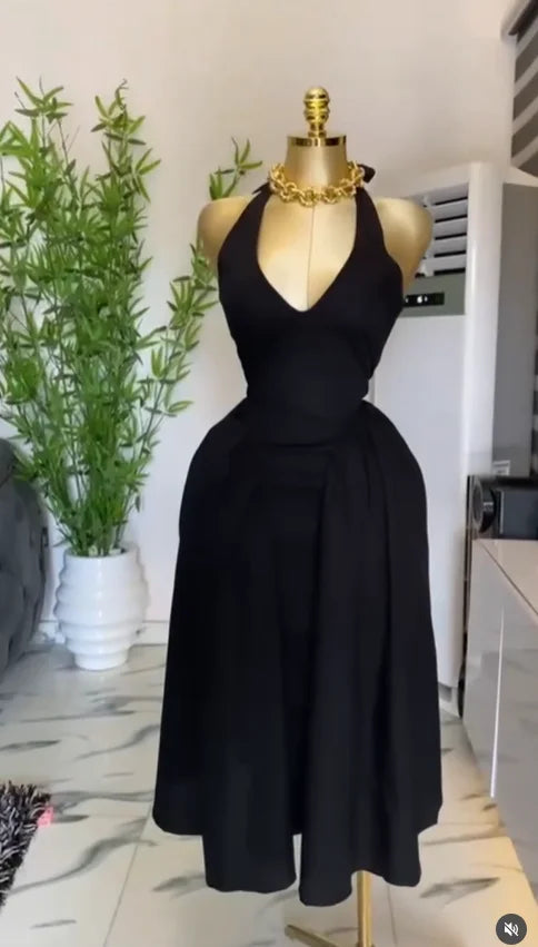 Women Halter V-neck Backless Maxi Dress Polyester