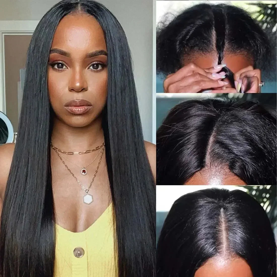 V Part Straight Human Hair Wig Remy Brazilian Natural Color
