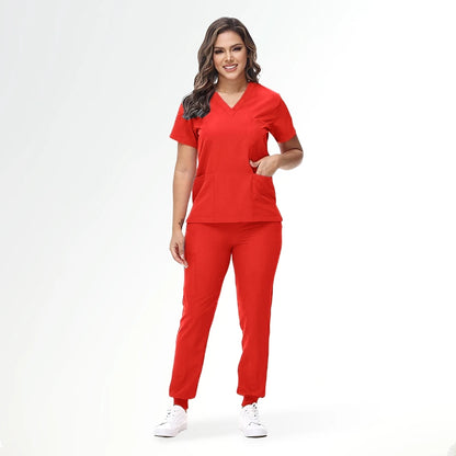 Stretchy V-Neck Nurse Scrub Set Jogger Pants