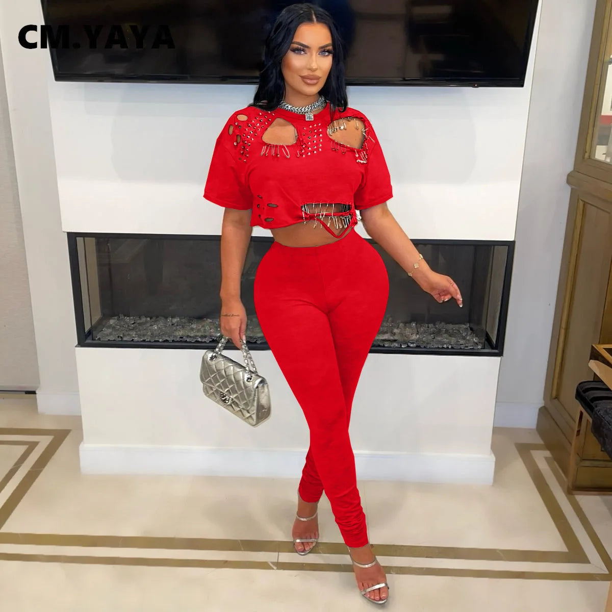 CM.YAYA Women's Hollow Out Short Sleeve Set