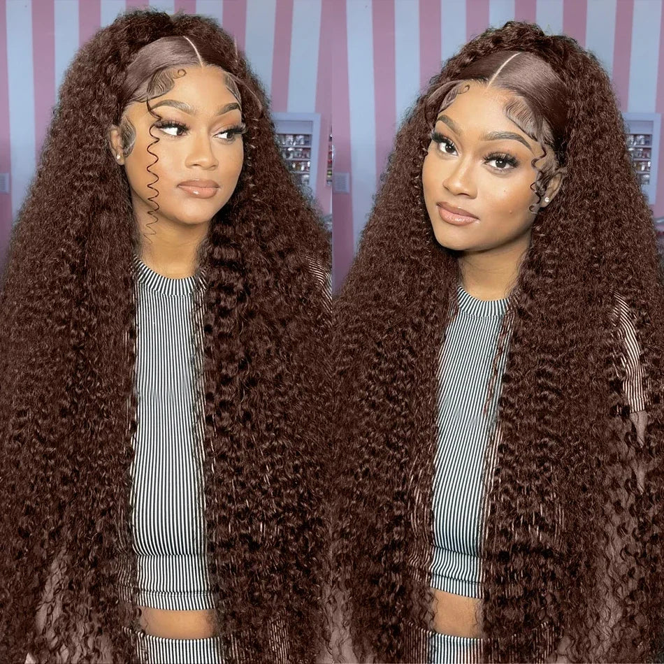 Deep Wave Frontal Wig 30 Inch Chocolate Brown Human Hair