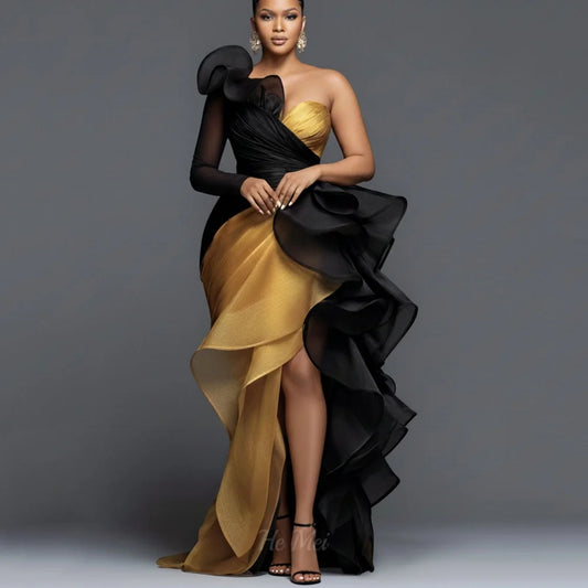 Vintage One Shoulder Prom Dress Contrast Color Split Evening Gown