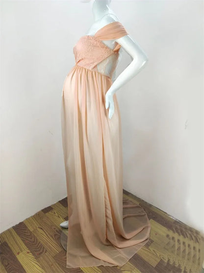 Maternity Lace Chiffon Front Split Dress in Coral Color