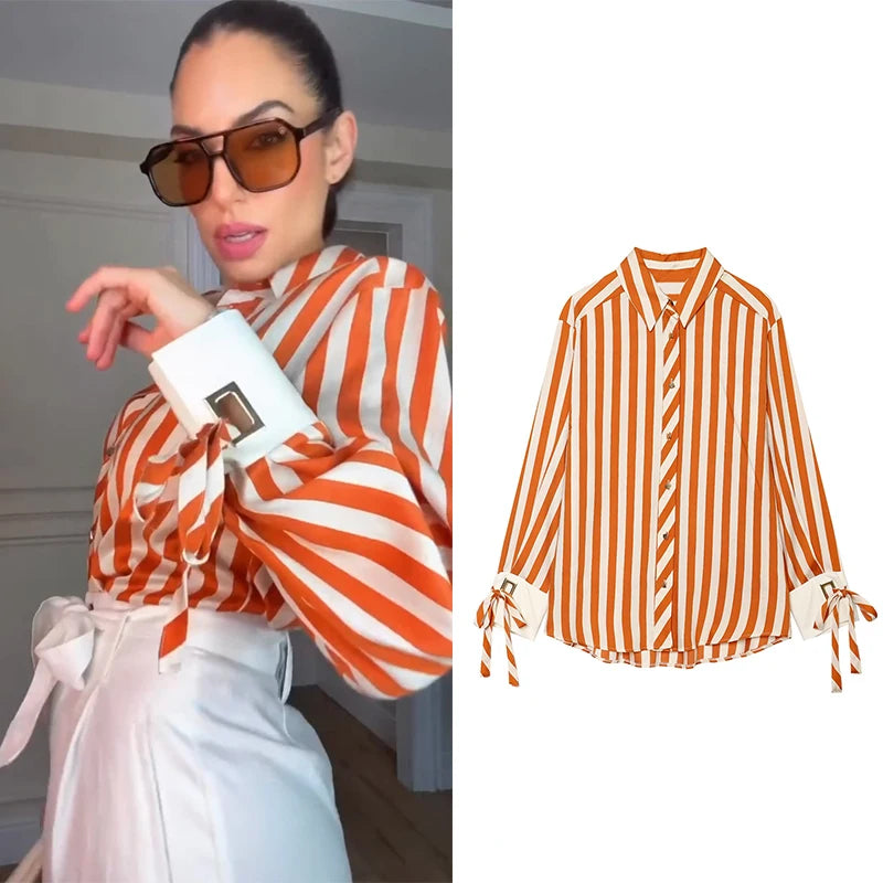 Women's Striped Bow-Tie Shirt Jacket in Polyester
