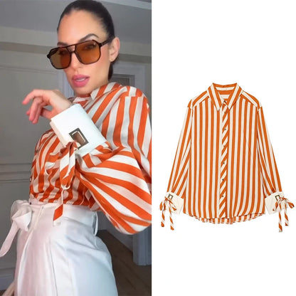 Women's Striped Bow-Tie Shirt Jacket in Polyester