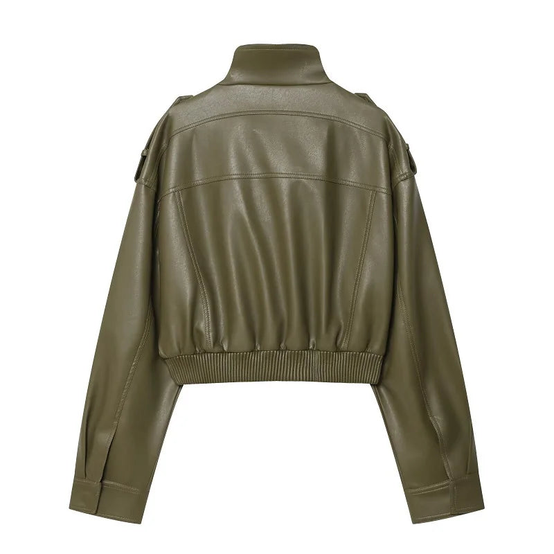 MUJER Faux Leather Cropped Bomber Jacket for Women