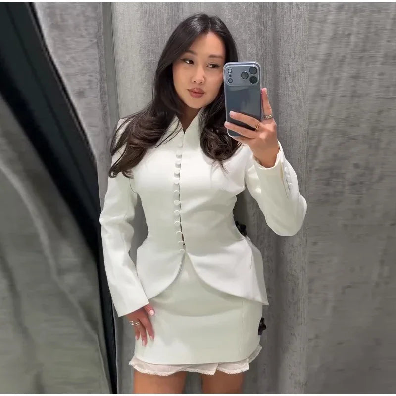 Chic Waist Cinched Women's Blazer Coat with Stand Collar