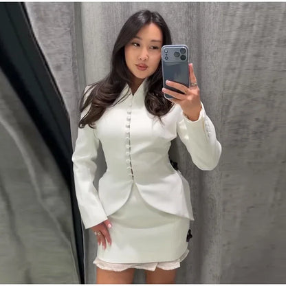 Chic Waist Cinched Women's Blazer Coat with Stand Collar