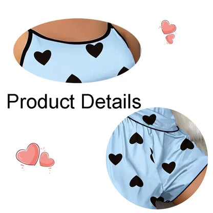 Women's Pink Heart Print Pajama Set Shorts Ice Silk