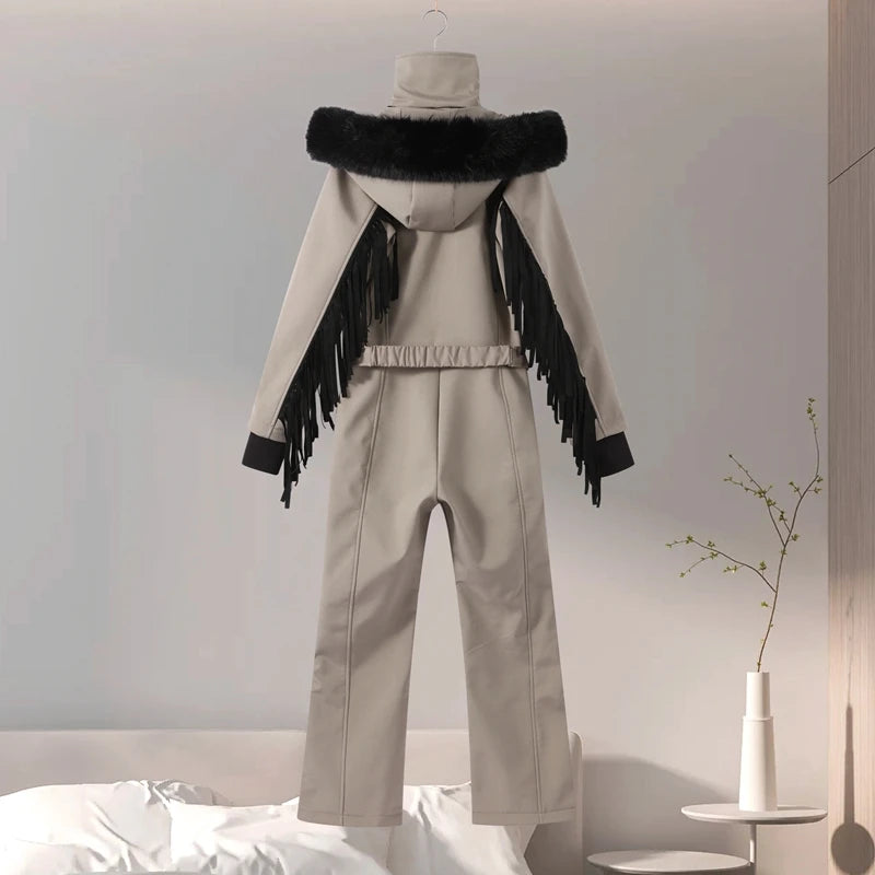 Women's Ski Suit with Fur Hood and Zippers