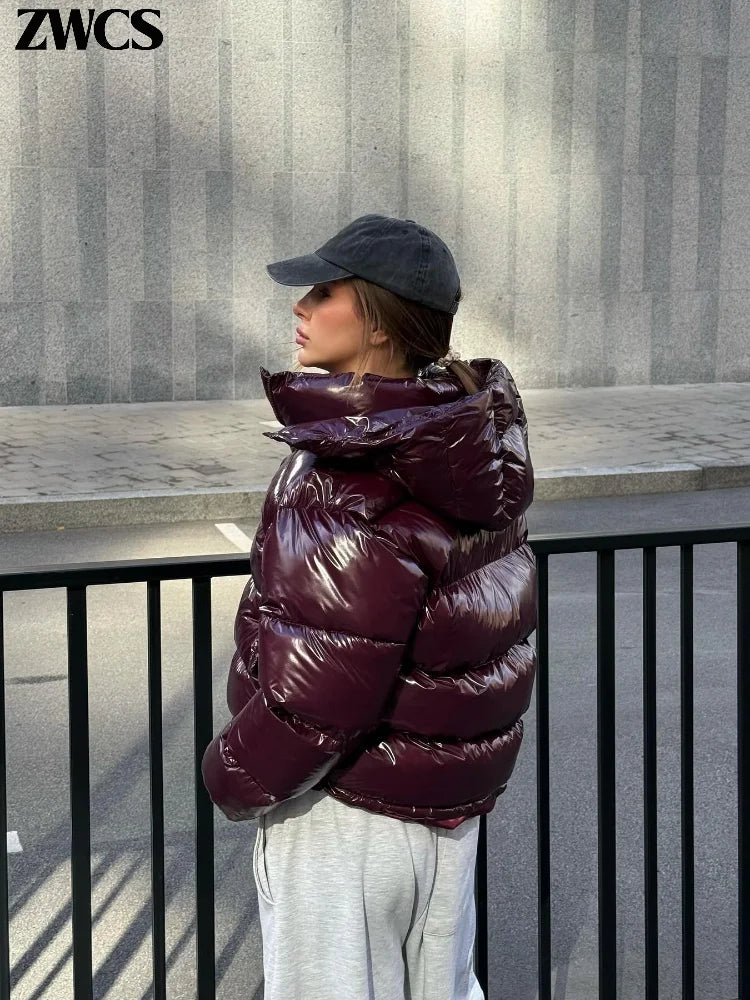Solid Glossy Zipper Hooded Coat Women's Cotton Jacket
