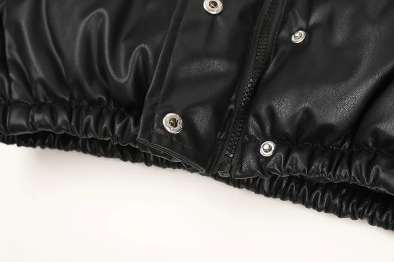 Black PU Leather Women's Winter Parka Jacket