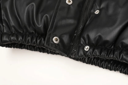 Black PU Leather Women's Winter Parka Jacket