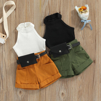 Girls 3PCS Summer Outfit Set with Sleeveless Tops and Shorts