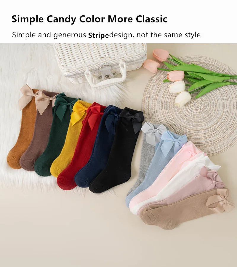 Knee High Cotton Baby Socks with Big Bow