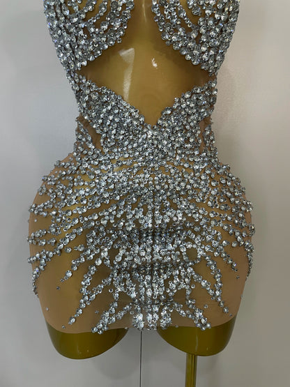 Sparkly Rhinestones Mesh See Through Dress for Women