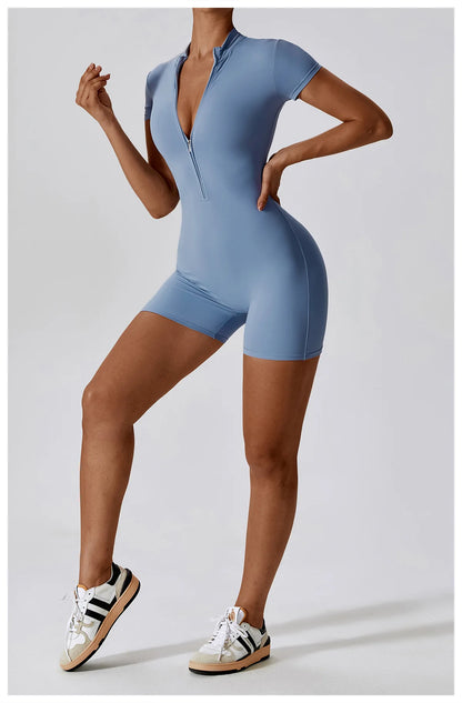 Summer Zipper Short Sleeve Yoga Bodysuit for Women