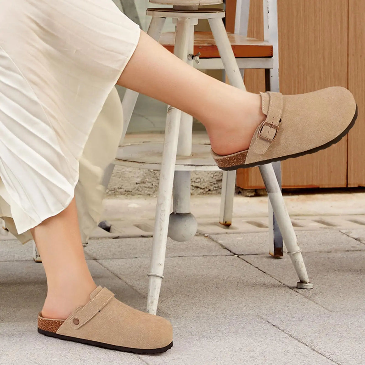 Genuine Leather Clogs with Cork Footbed for Women
