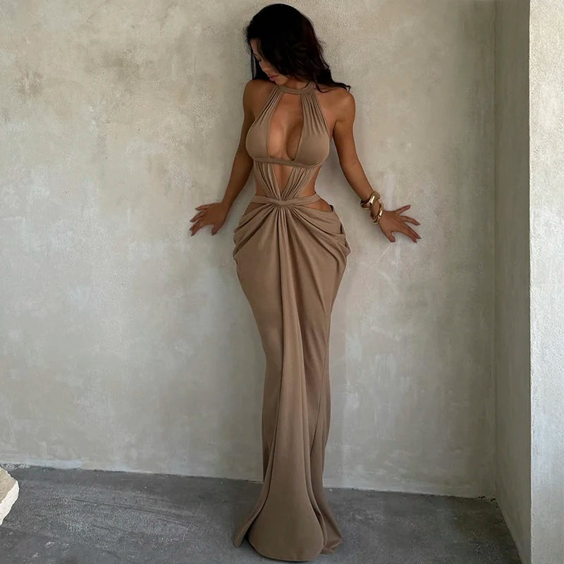 Khaki Halter Cut-Out Maxi Dress for Elegant Parties