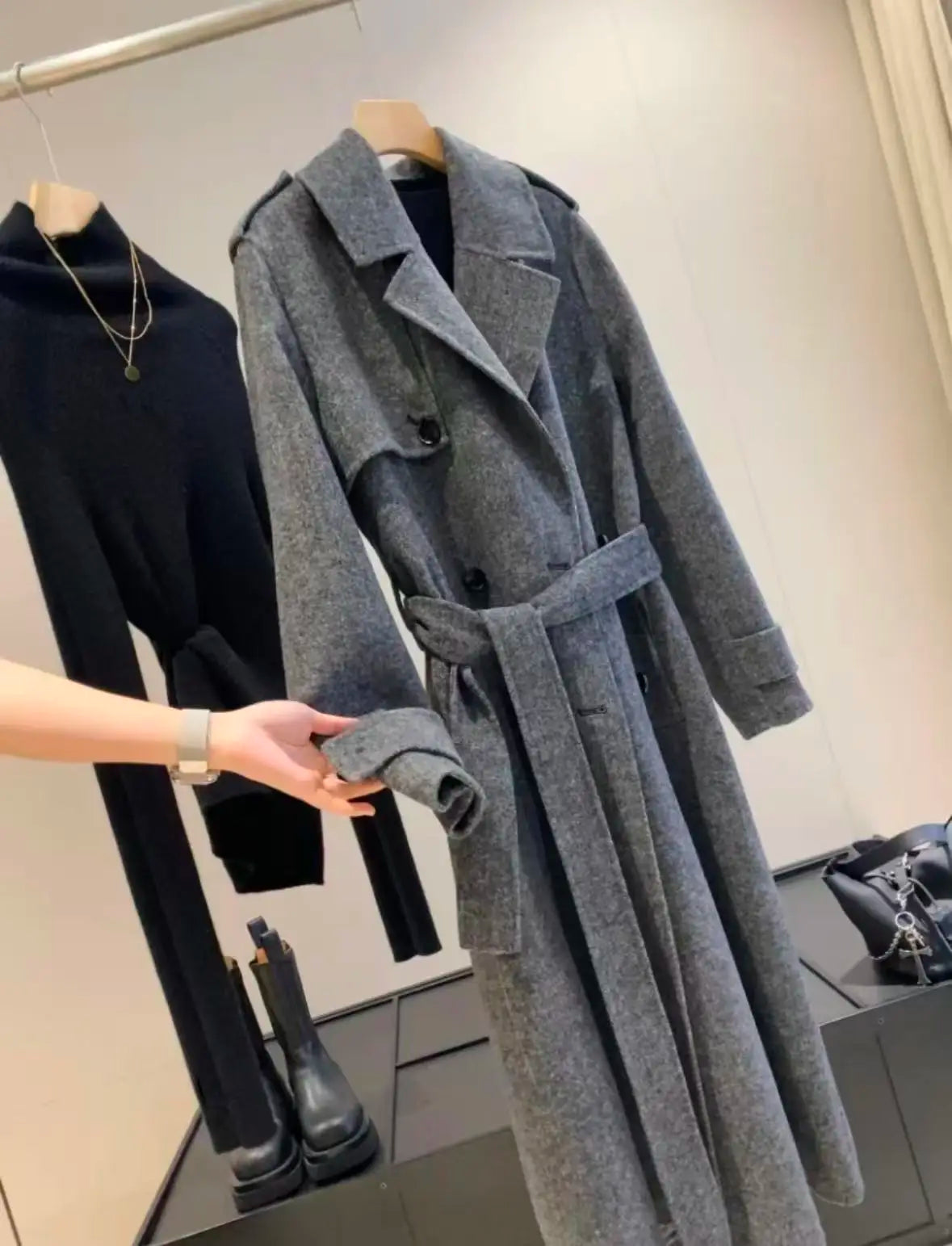 Grey Wool Blend Women's Long Coat with Belt