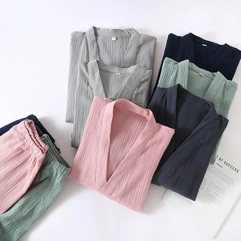 Cotton Couple Kimono Robes with Long Trousers Set