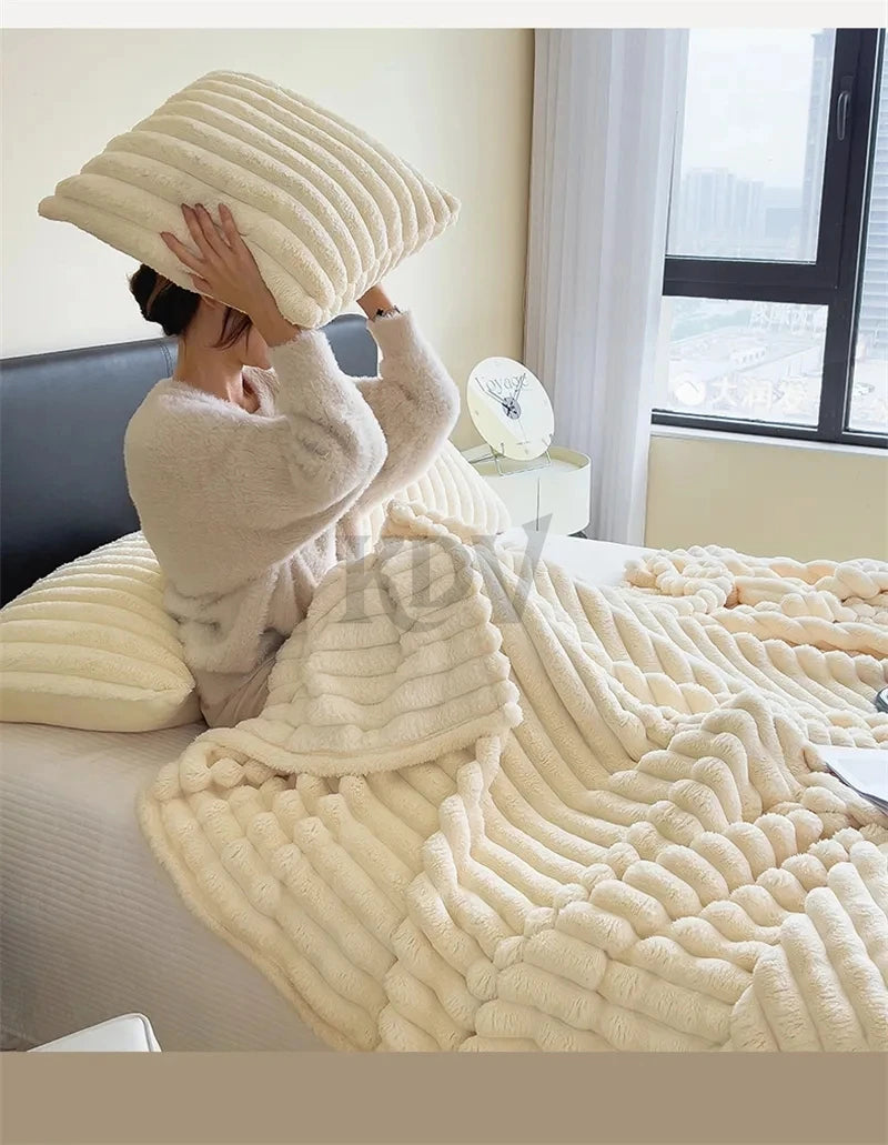 Luxury Faux Rabbit Fur Throw Blanket Solid Color Plush