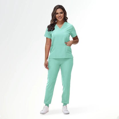 Stretchy V-Neck Nurse Scrub Set Jogger Pants