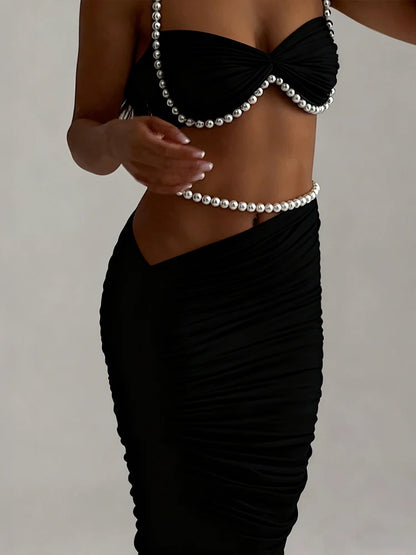 Sexy Bead Patchwork 2-Piece Set Women Halter Bra and Bottom