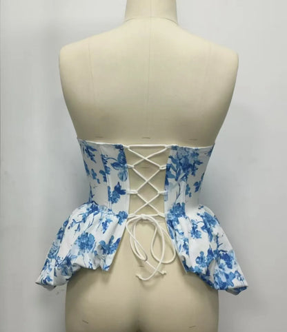 SINGREINY Floral Print Sleeveless Corset Blouse