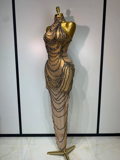 Sparkly Rhinestone Transparent Mesh Long Dress