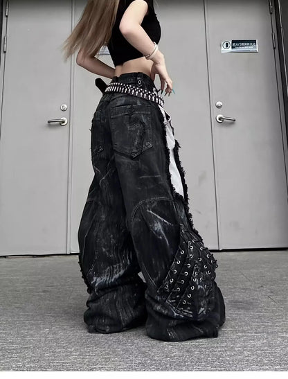 Vintage Distressed Wide Leg Cargo Jeans for Women